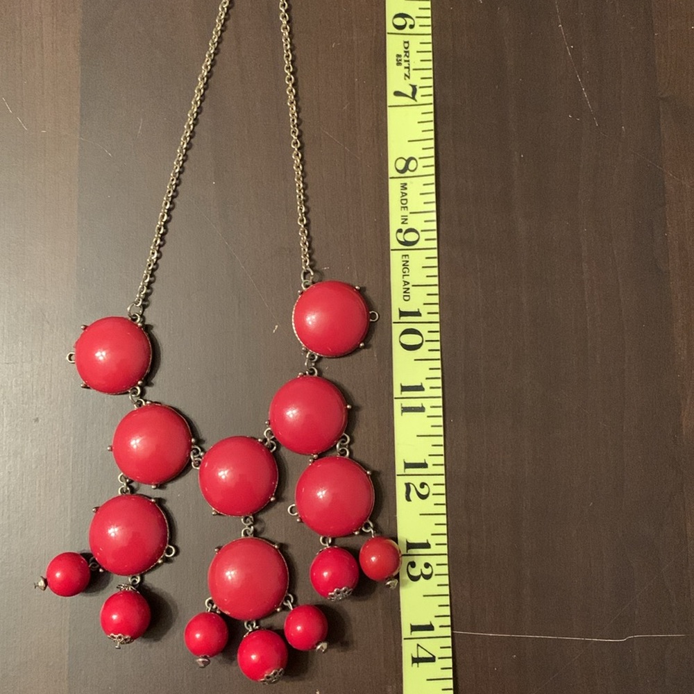 Red Statement Necklace with Cascading Spheres and Gold Chain EUC - Picture 2 of 5